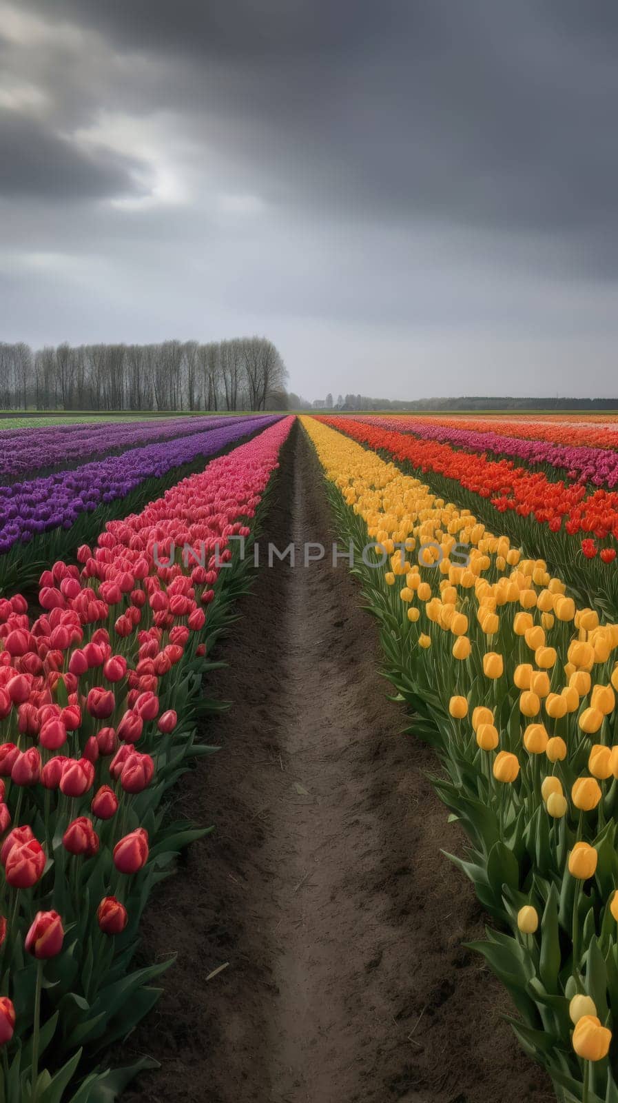 Colorful open field with beautiful tulips. Generative AI.