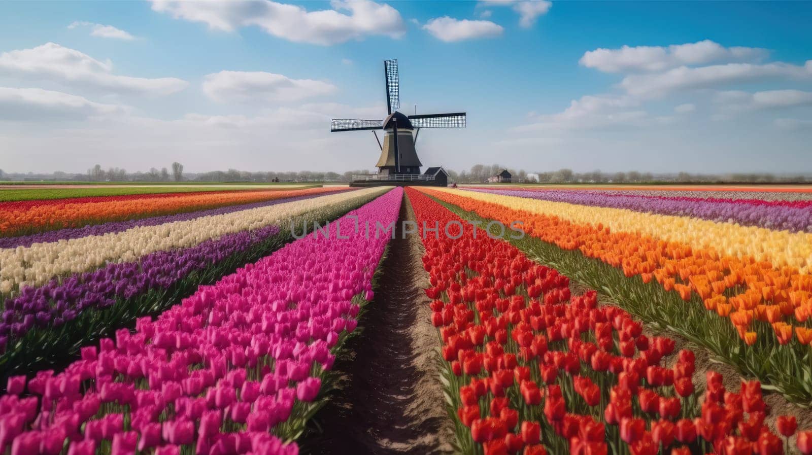 Colorful open field with beautiful tulips. Generative AI by nateemee