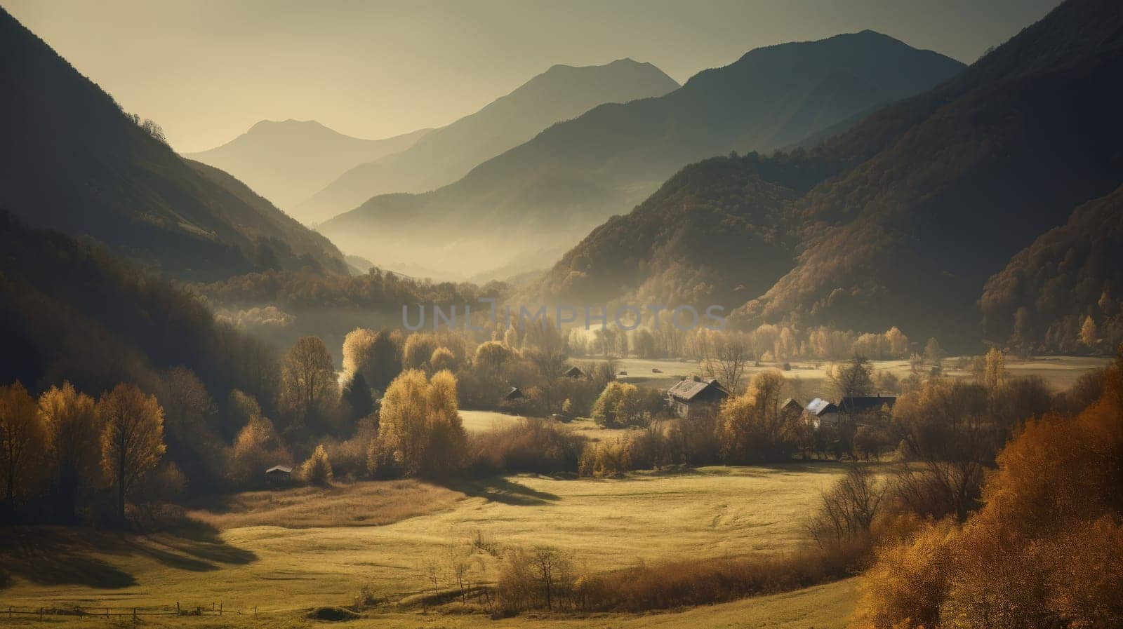 Image of mountain valley with mountains and a forest. Generative AI.