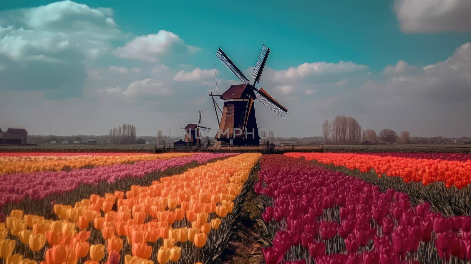 Colorful open field with beautiful tulips. Generative AI.