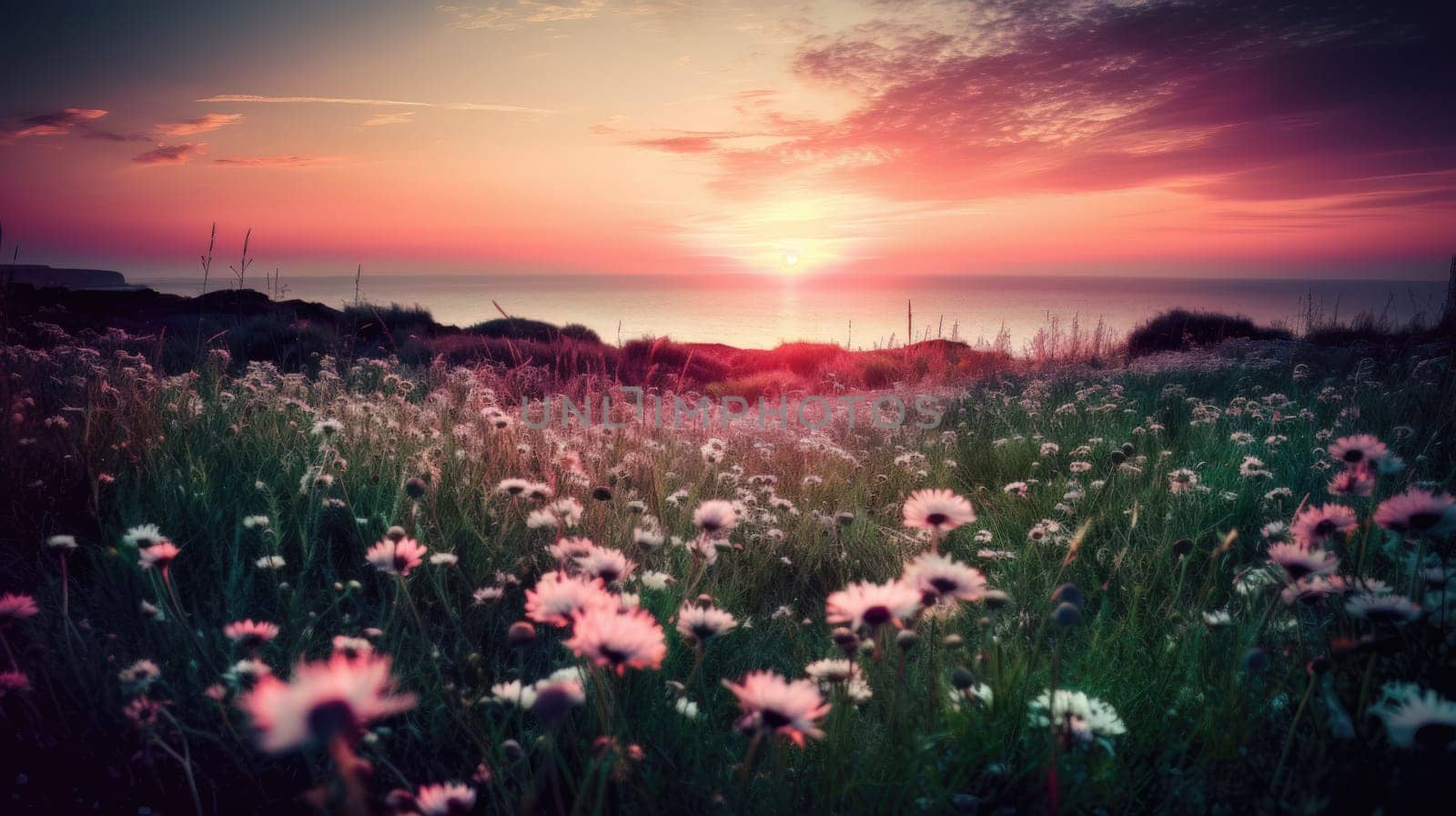 Shoreline covered in pink flowers by the sea. Generaitve AI.