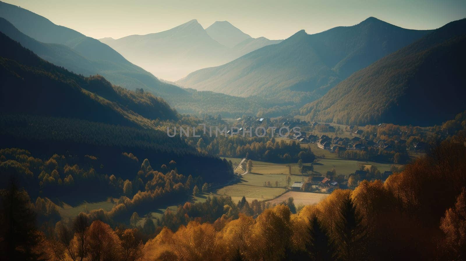 Image of mountain valley with mountains and a forest. Generative AI by nateemee