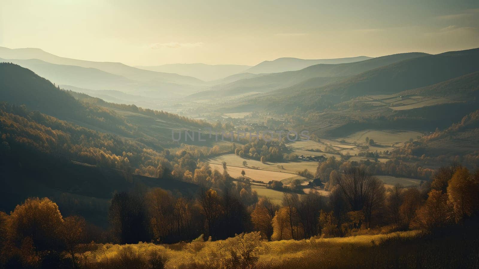 Image of mountain valley with mountains and a forest. Generative AI.