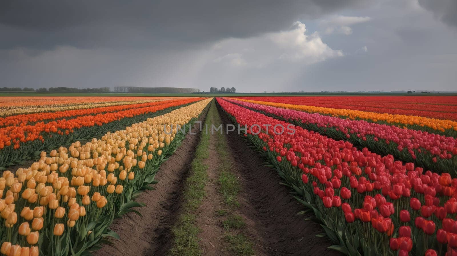 Colorful open field with beautiful tulips. Generative AI.