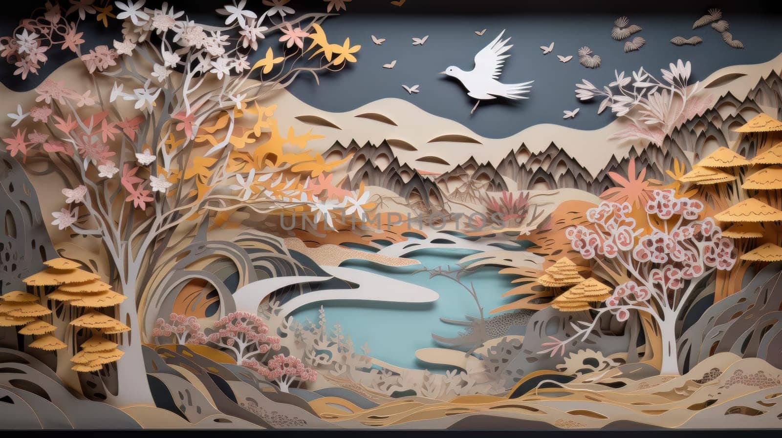 Paper cut artwork that depicts flowers and trees background. Generative AI.