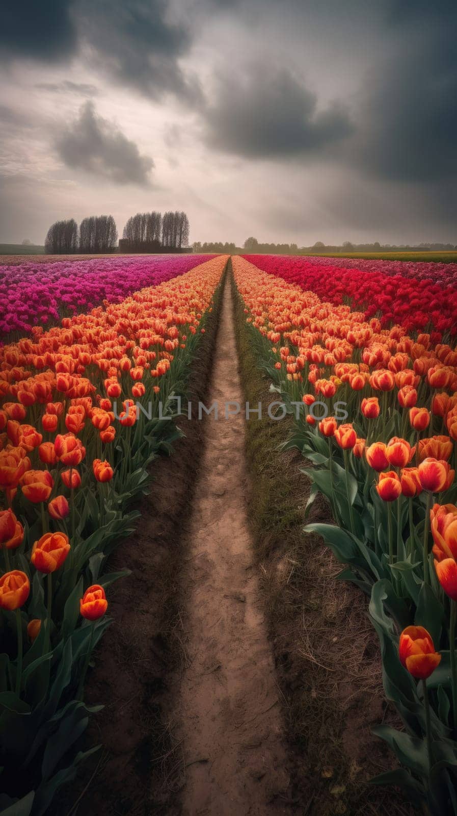 Colorful open field with beautiful tulips. Generative AI by nateemee