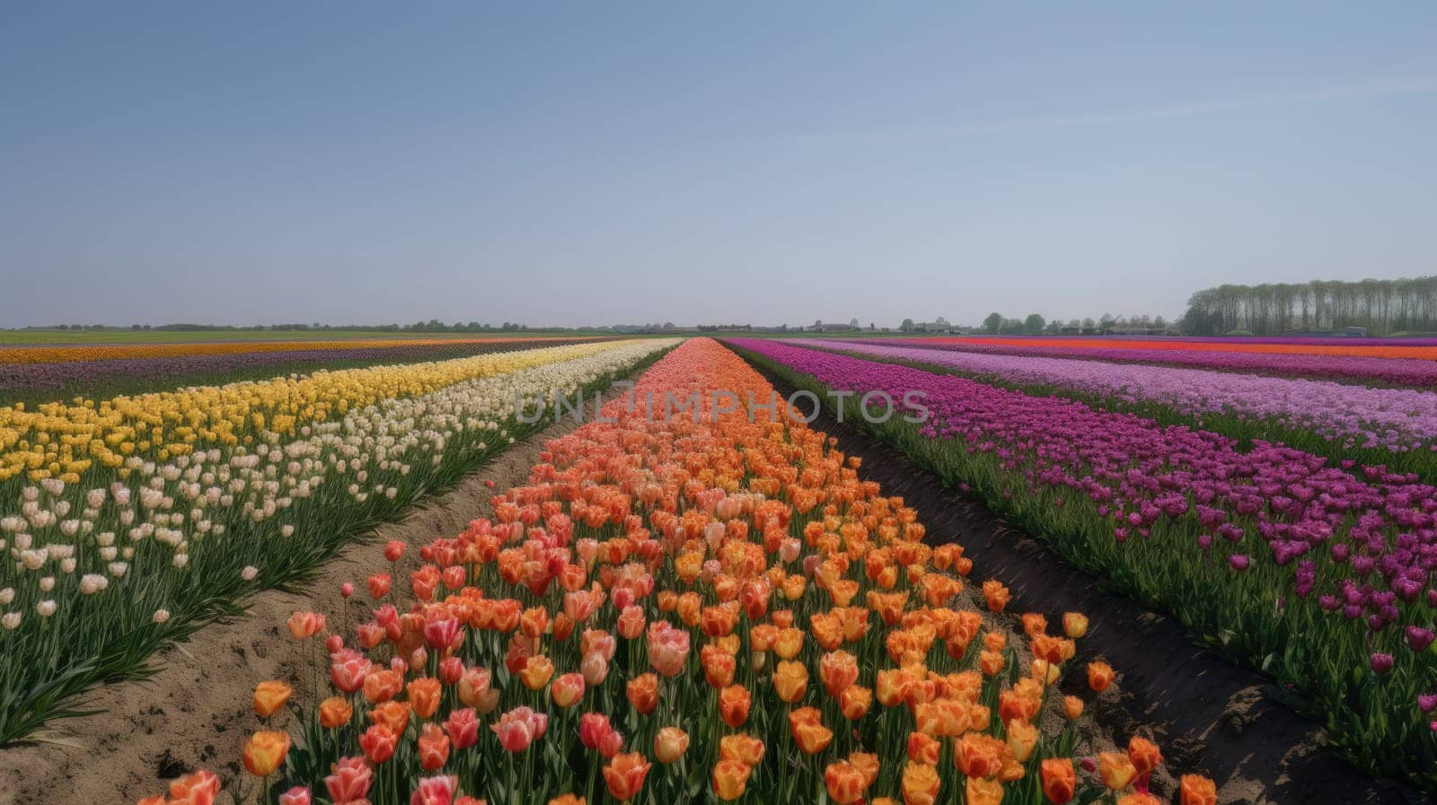 Colorful open field with beautiful tulips. Generative AI.