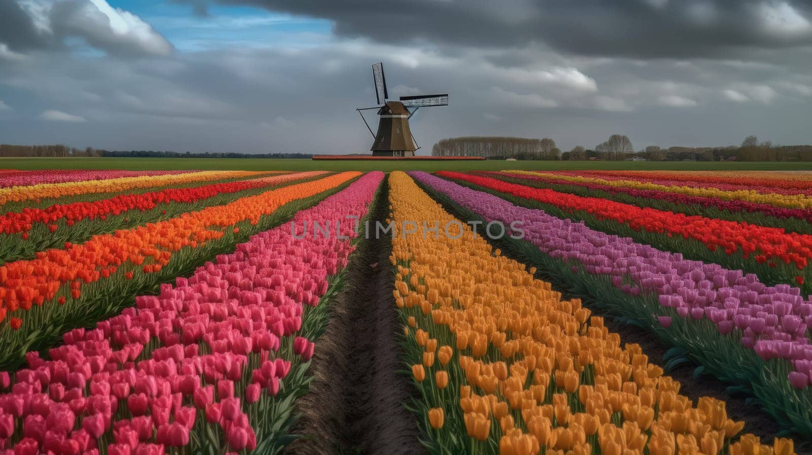 Colorful open field with beautiful tulips. Generative AI by nateemee