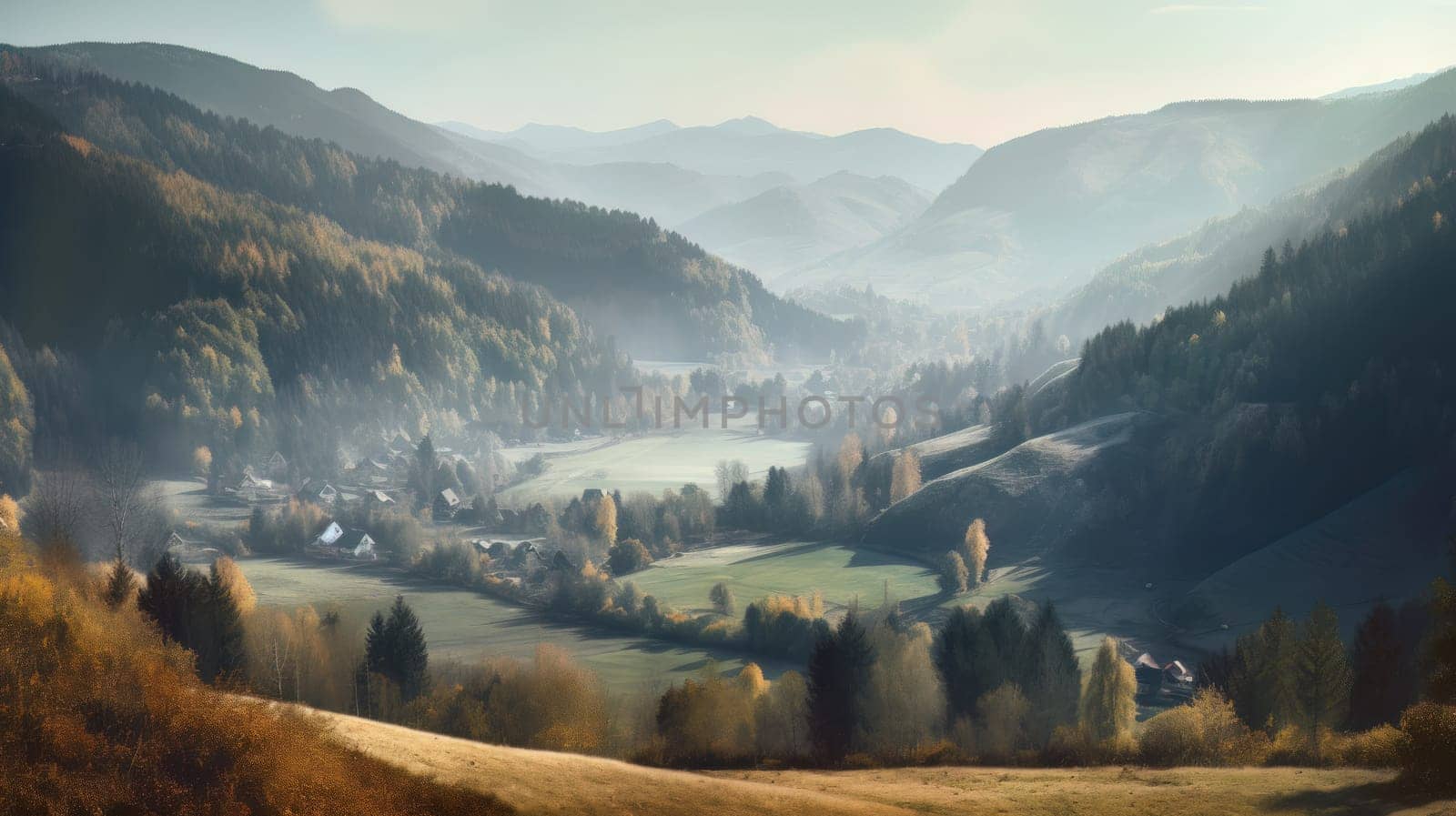 Image of mountain valley with mountains and a forest. Generative AI by nateemee