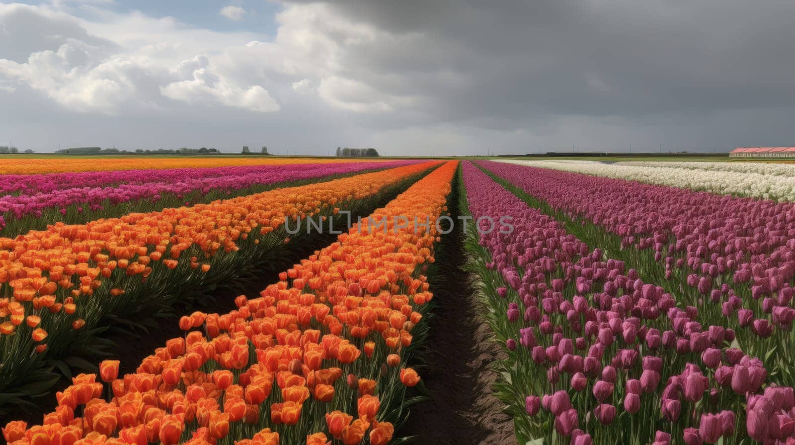 Colorful open field with beautiful tulips. Generative AI.