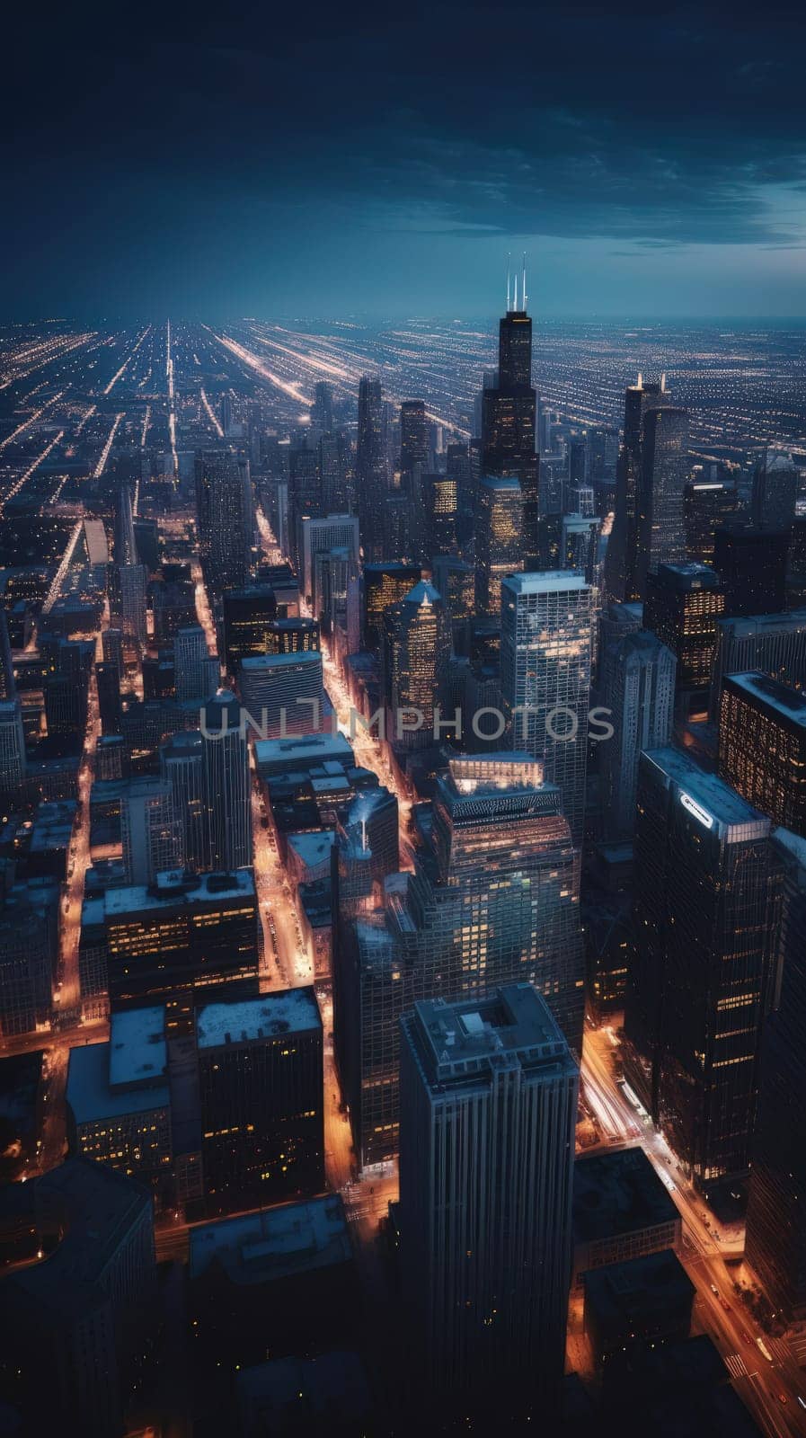 Cityscape of chicago at dusk with lights from the skyline. Generative AI.