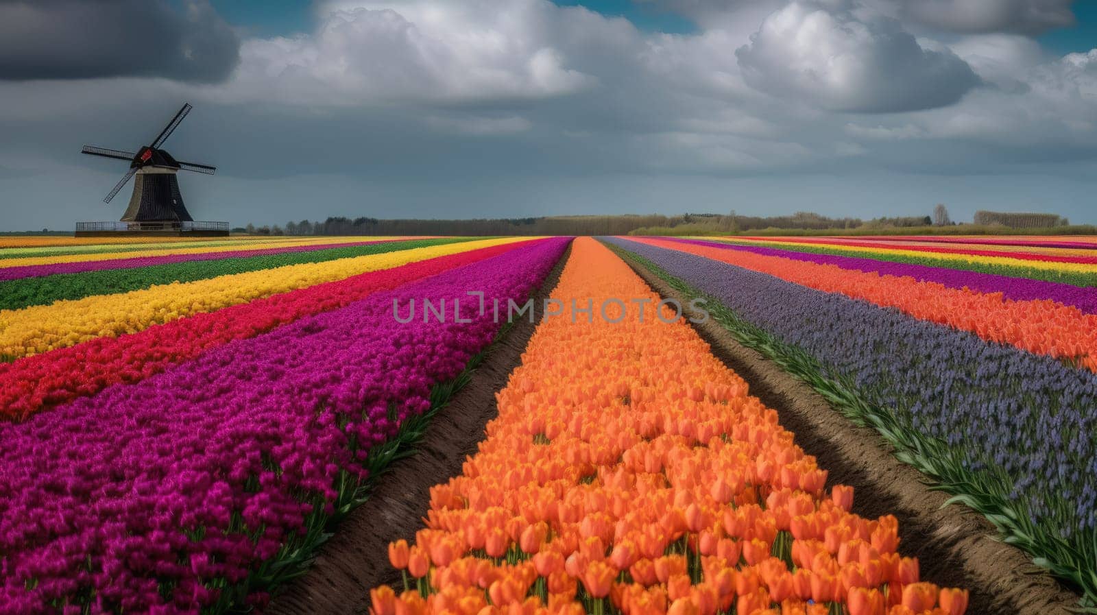 Colorful open field with beautiful tulips. Generative AI.