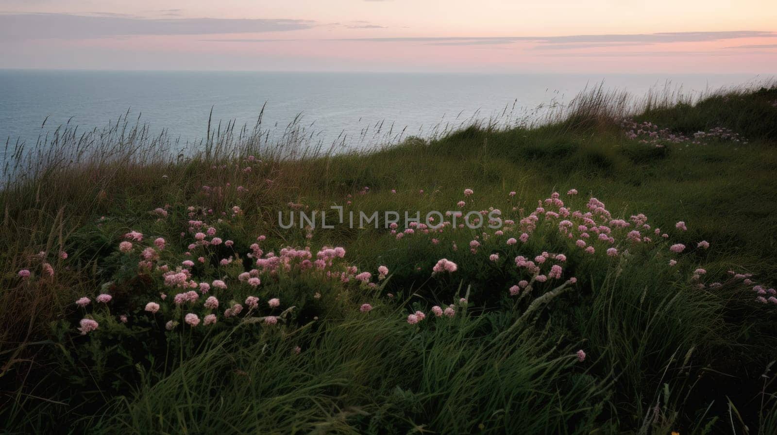 Shoreline covered in pink flowers by the sea. Generaitve AI by nateemee