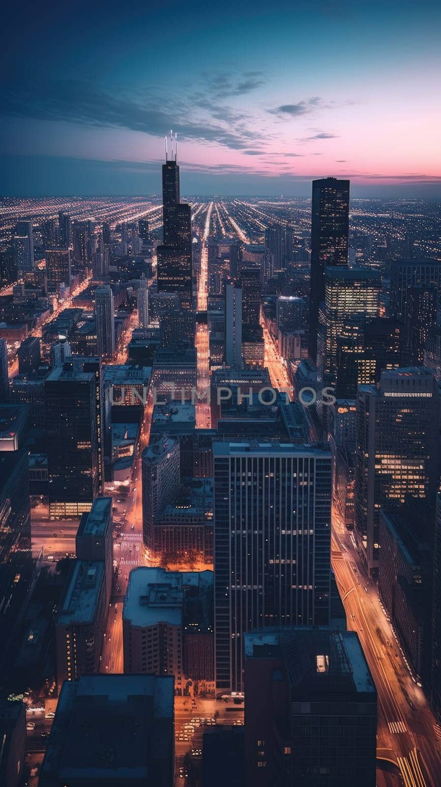 Cityscape of chicago at dusk with lights from the skyline. Generative AI.