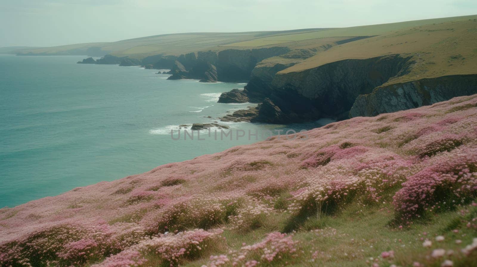 Shoreline covered in pink flowers by the sea. Generaitve AI.