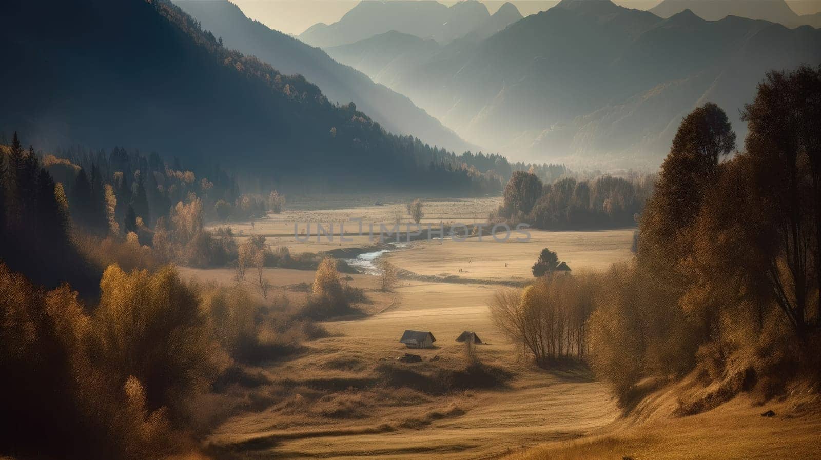 Image of mountain valley with mountains and a forest. Generative AI.