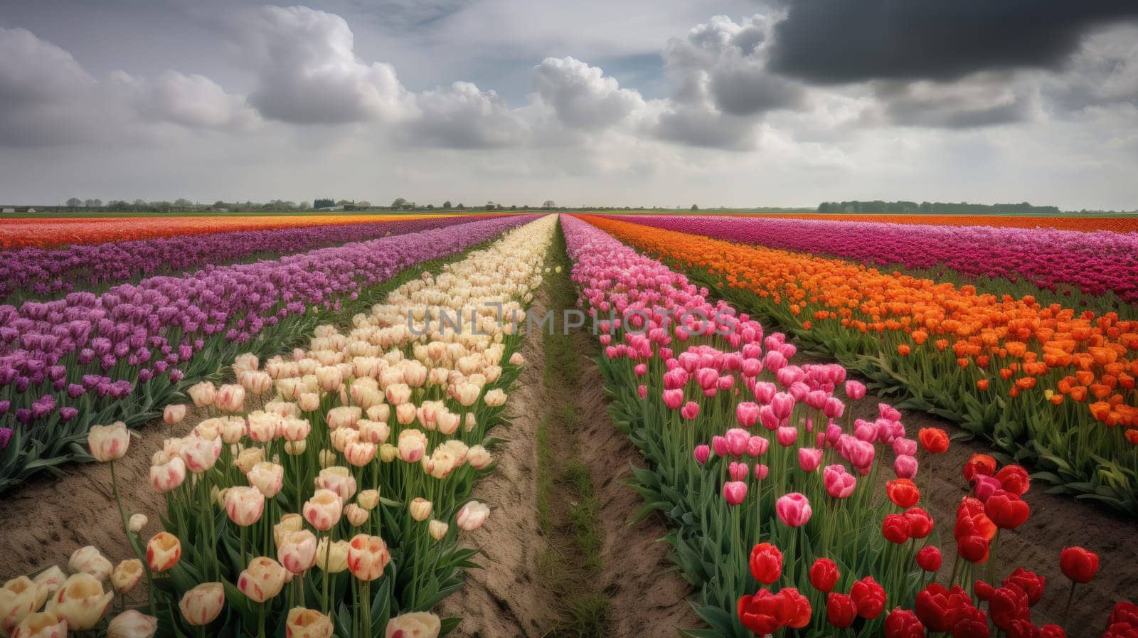 Colorful open field with beautiful tulips. Generative AI.