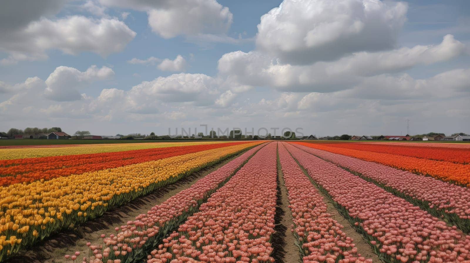 Colorful open field with beautiful tulips. Generative AI.