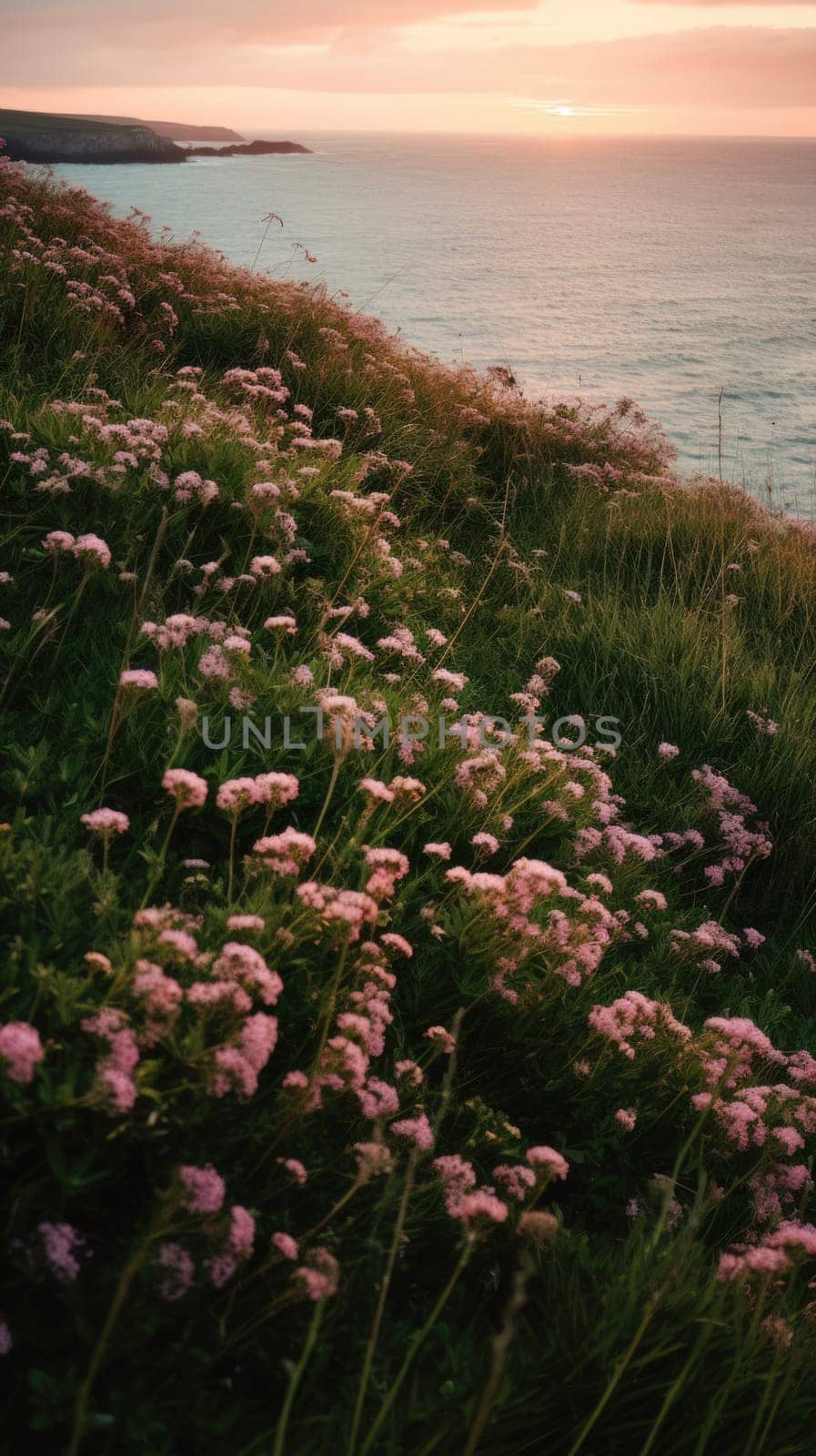 Shoreline covered in pink flowers by the sea. Generaitve AI.