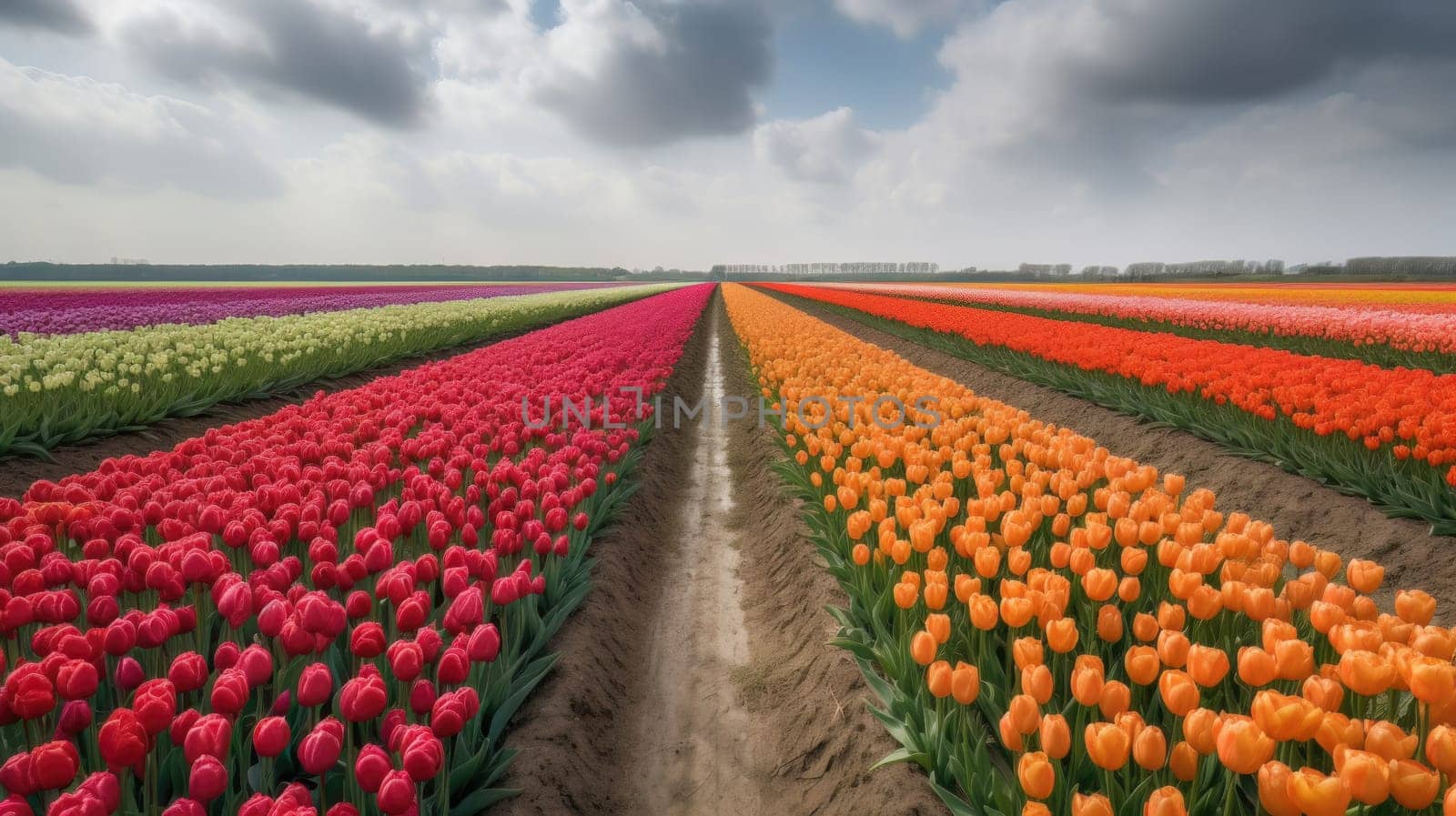 Colorful open field with beautiful tulips. Generative AI.