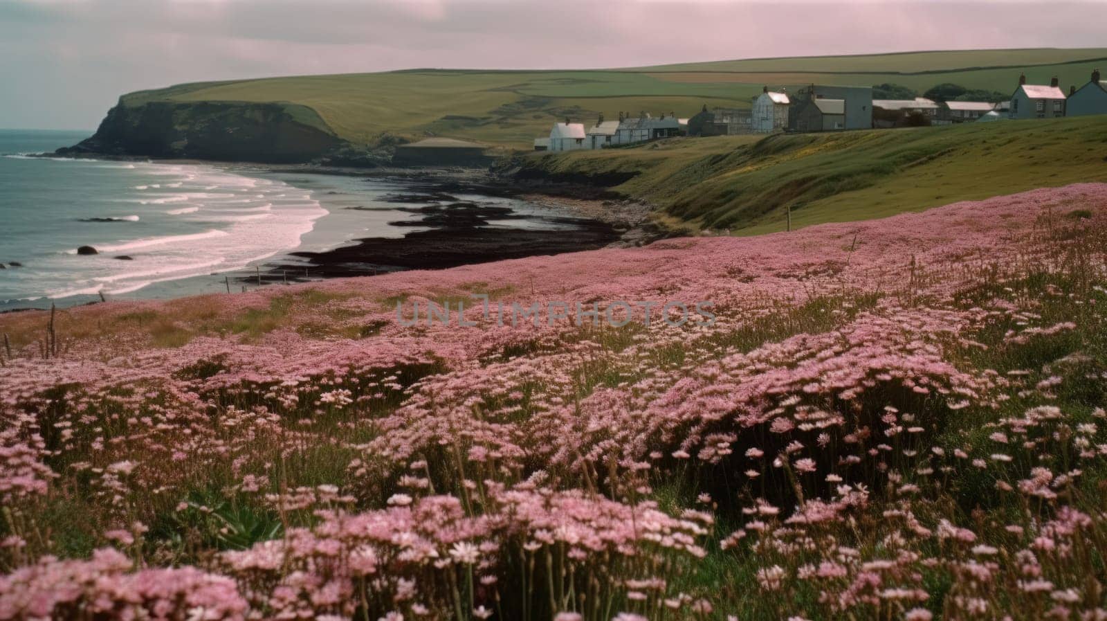 Shoreline covered in pink flowers by the sea. Generaitve AI.