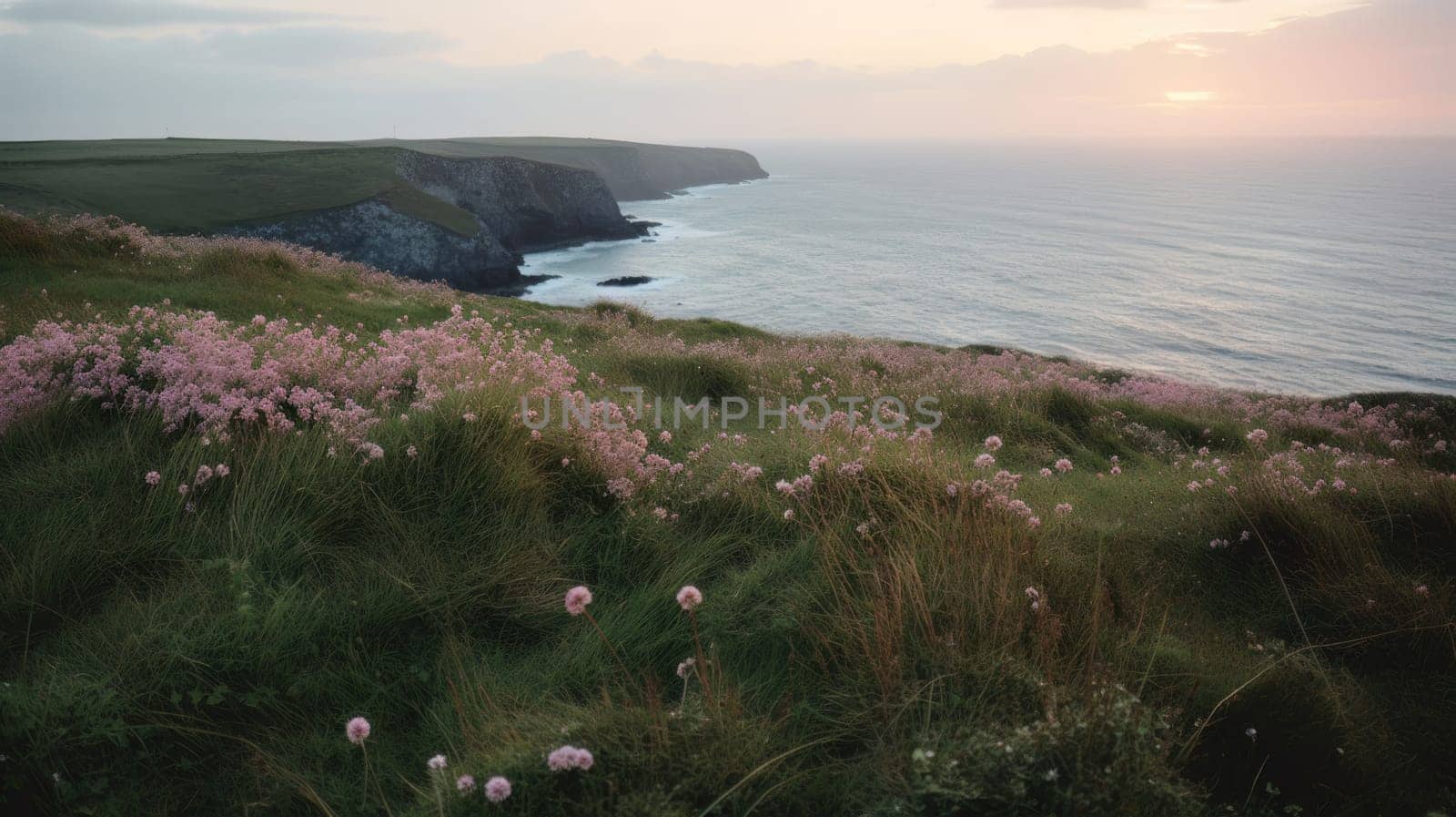 Shoreline covered in pink flowers by the sea. Generaitve AI by nateemee