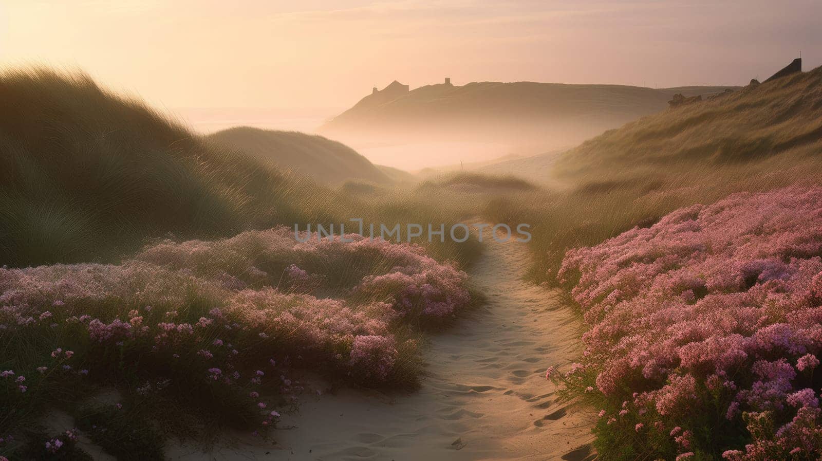 Shoreline covered in pink flowers by the sea. Generaitve AI.