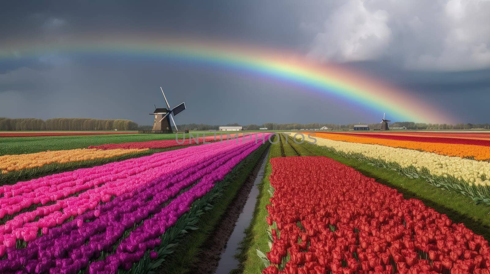 Colorful open field with beautiful tulips. Generative AI.