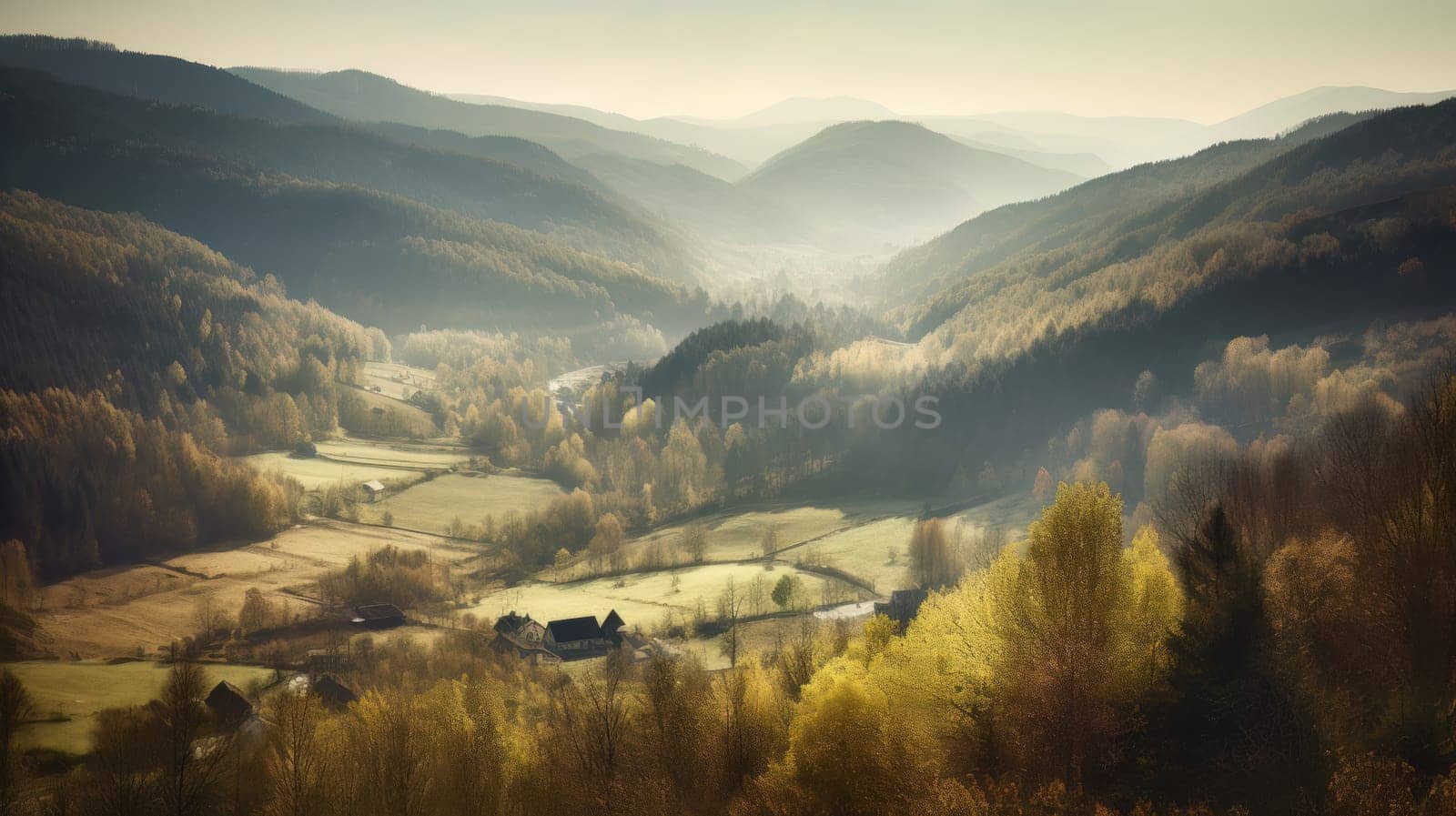 Image of mountain valley with mountains and a forest. Generative AI.