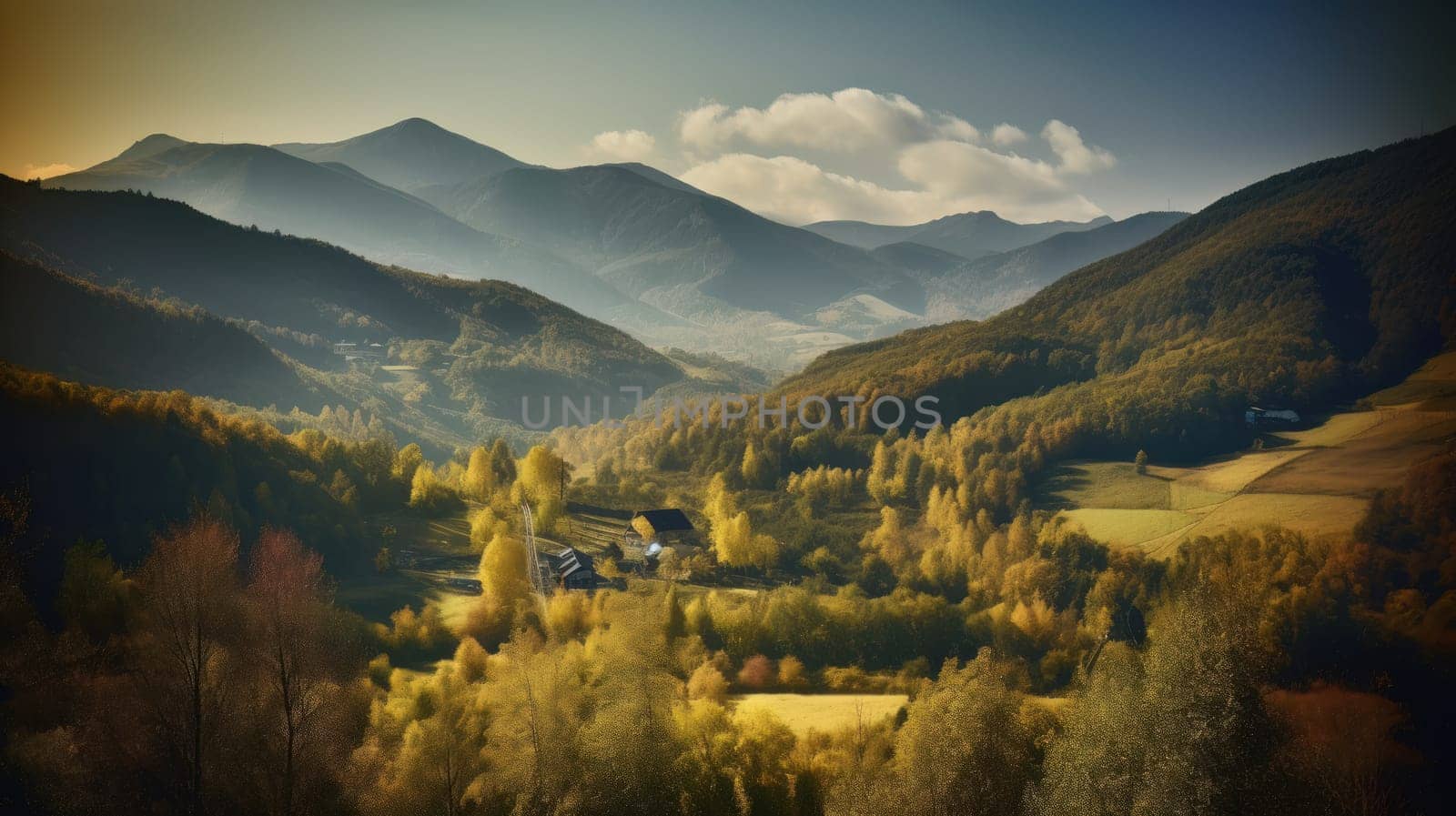 Image of mountain valley with mountains and a forest. Generative AI.