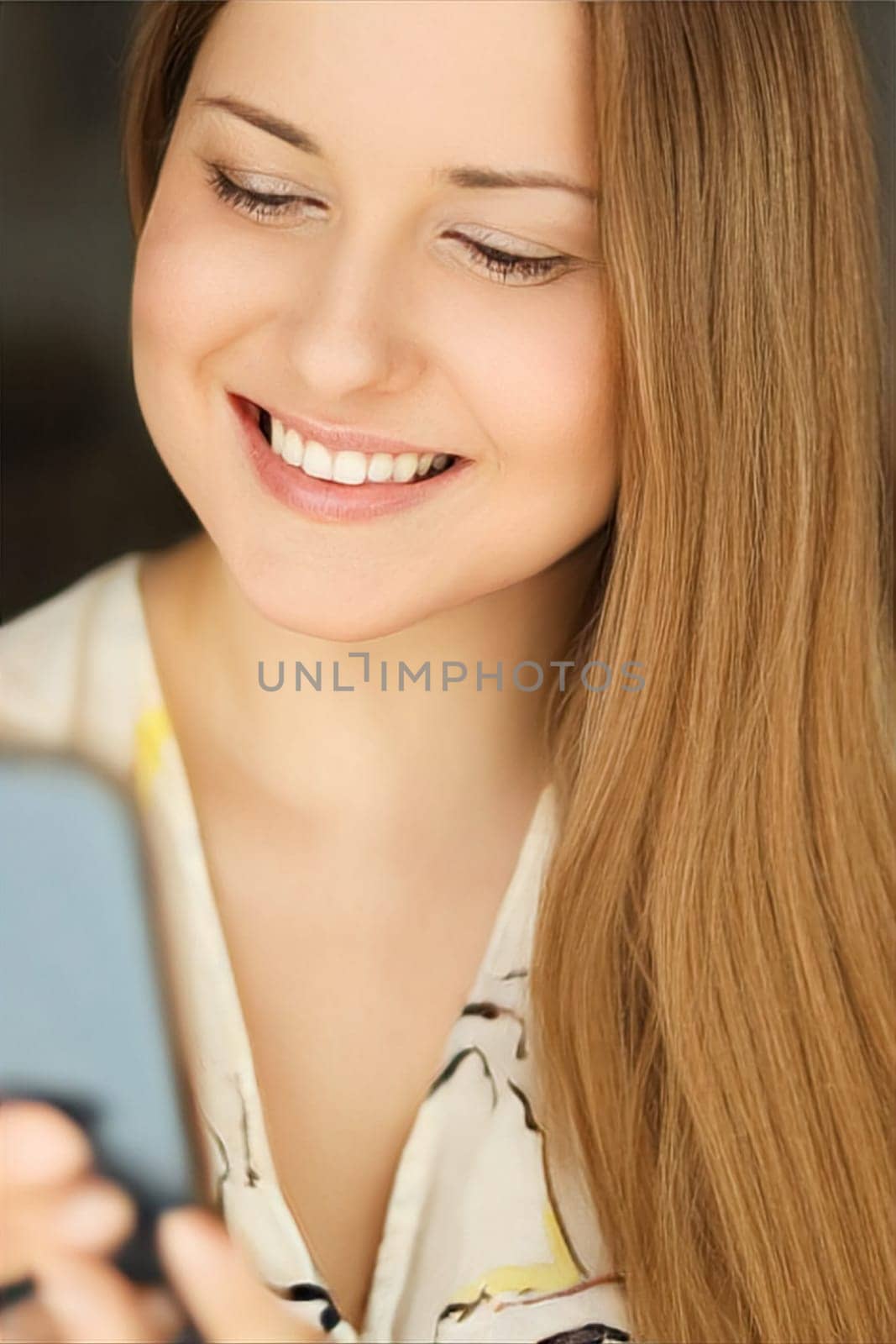Beautiful happy woman using her mobile phone for online shopping and smiling, face portrait with natural make-up and casual lifestyle mood at home by Anneleven