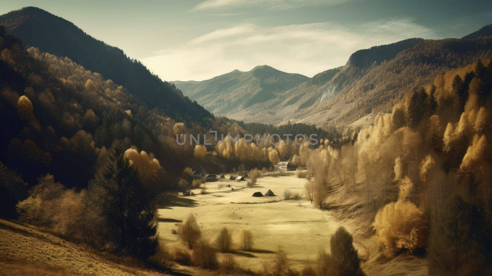 Image of mountain valley with mountains and a forest. Generative AI by nateemee