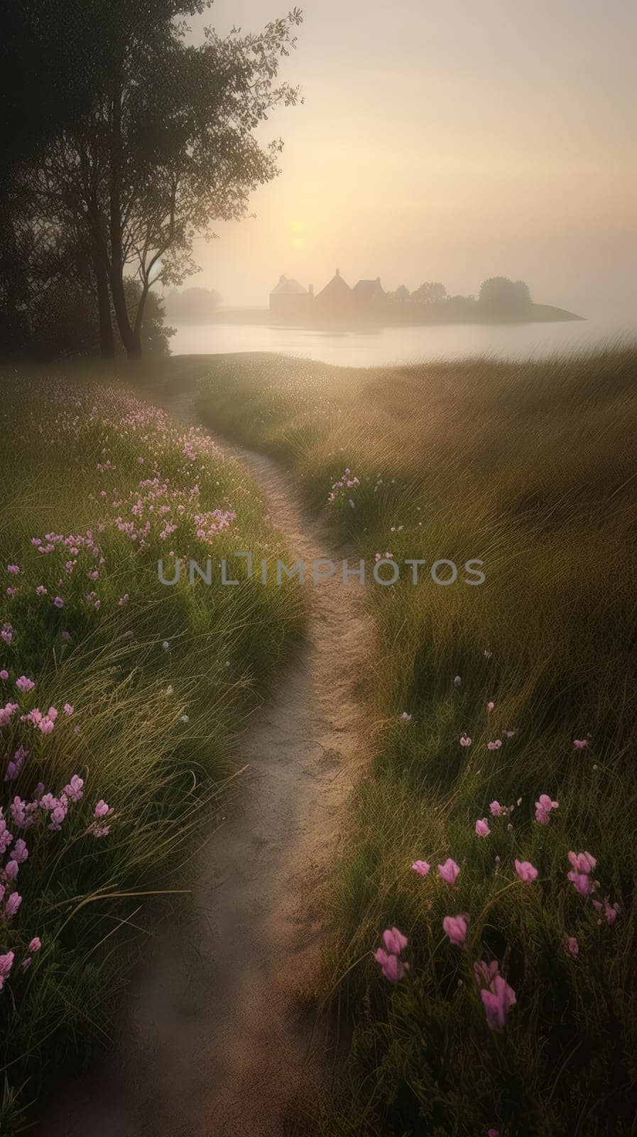 Shoreline covered in pink flowers by the sea. Generaitve AI by nateemee