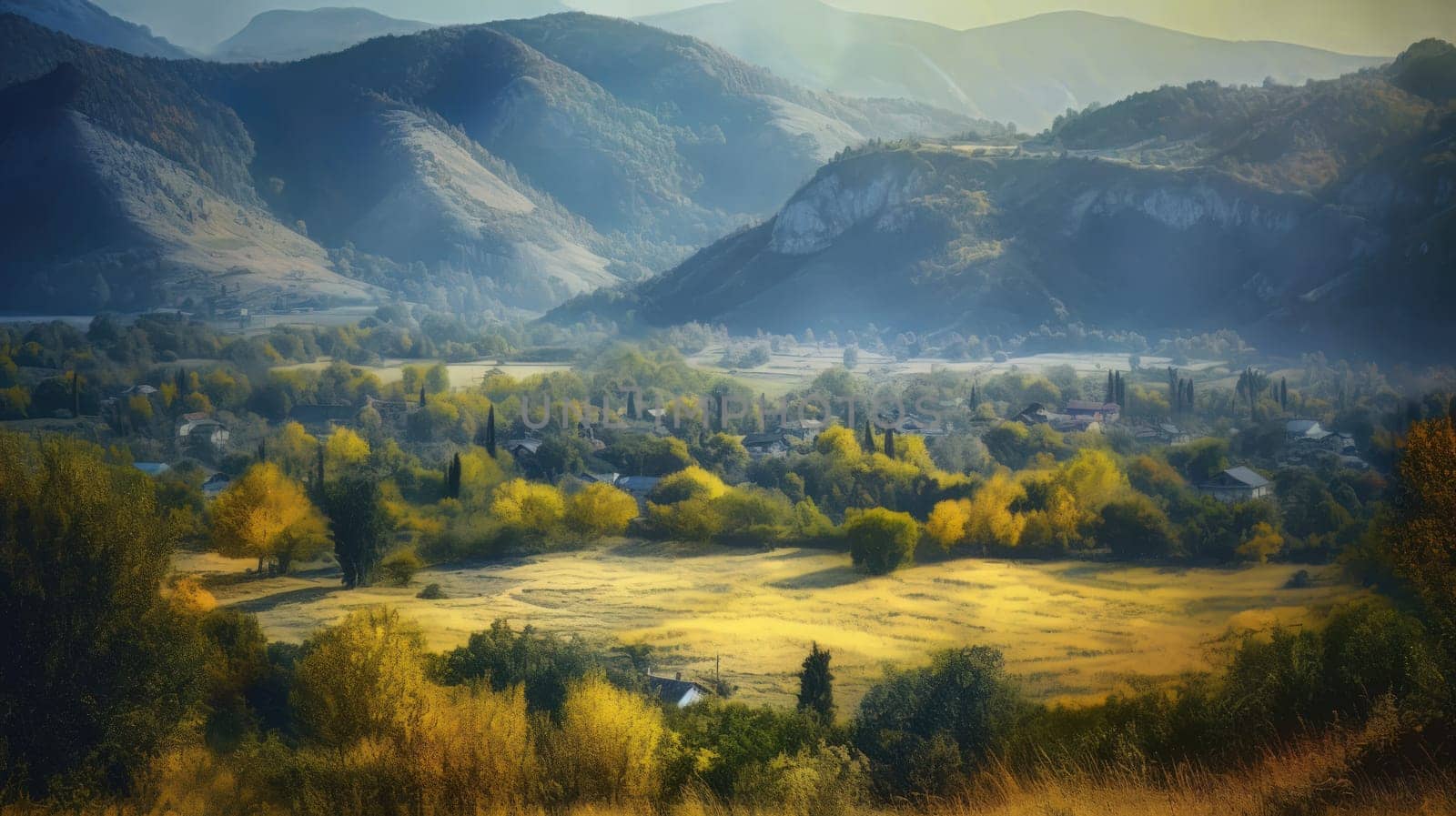 Image of mountain valley with mountains and a forest. Generative AI.