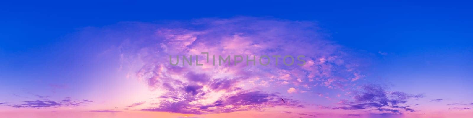 Blue sky panorama with magenta Cirrus clouds in Seamless spherical equirectangular format. Climate and weather change. by Matiunina