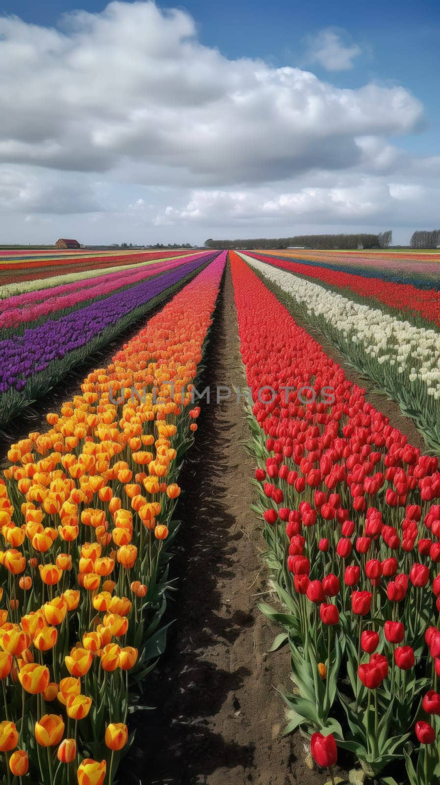 Colorful open field with beautiful tulips. Generative AI by nateemee