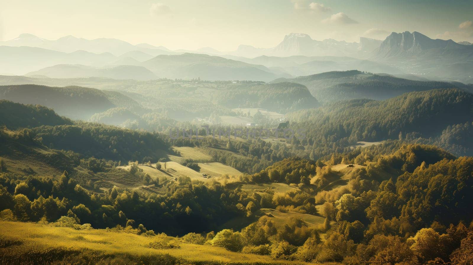 Beautiful scenic landscapes with mountains in Europe. Generative AI.