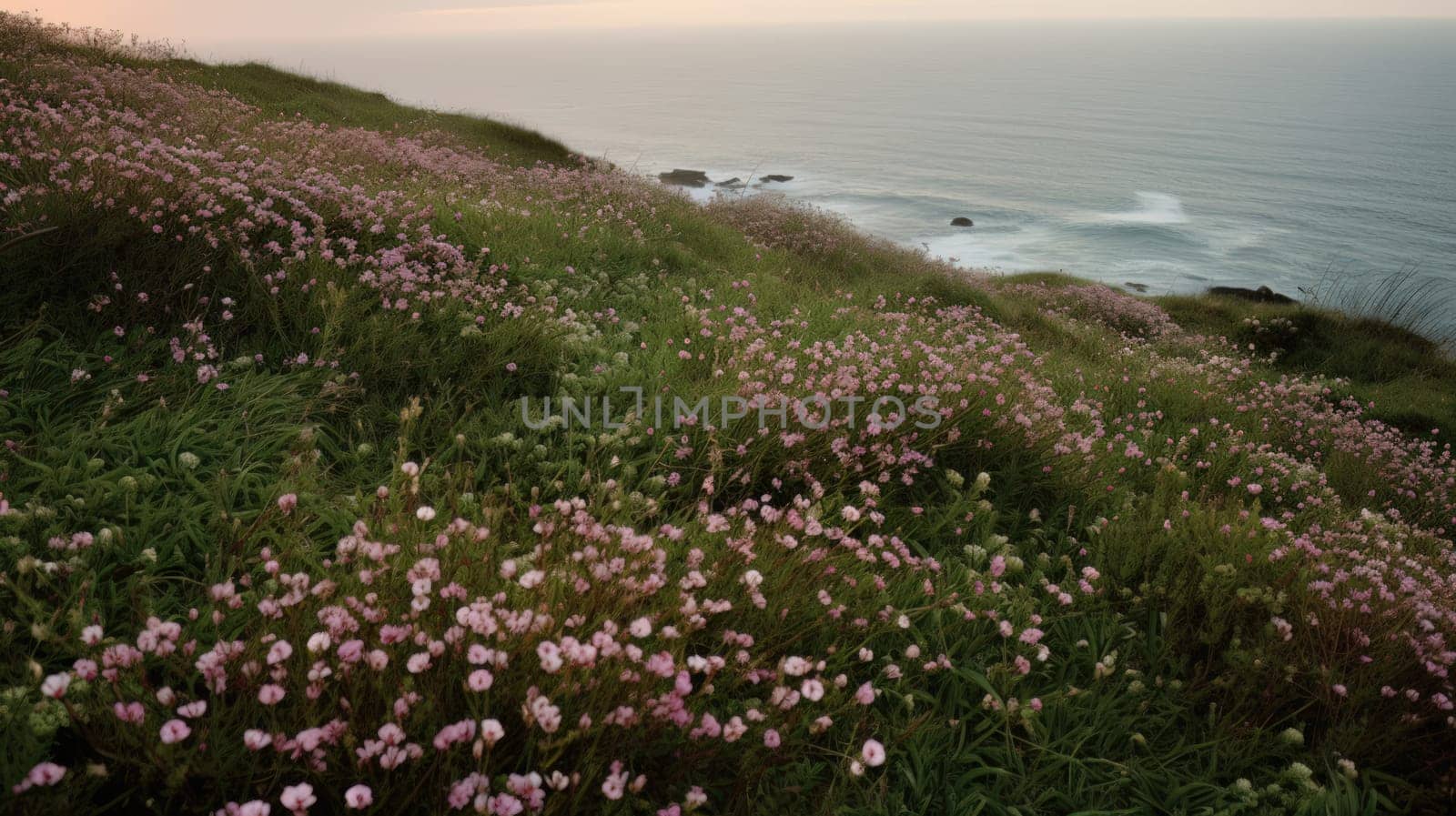 Shoreline covered in pink flowers by the sea. Generaitve AI by nateemee