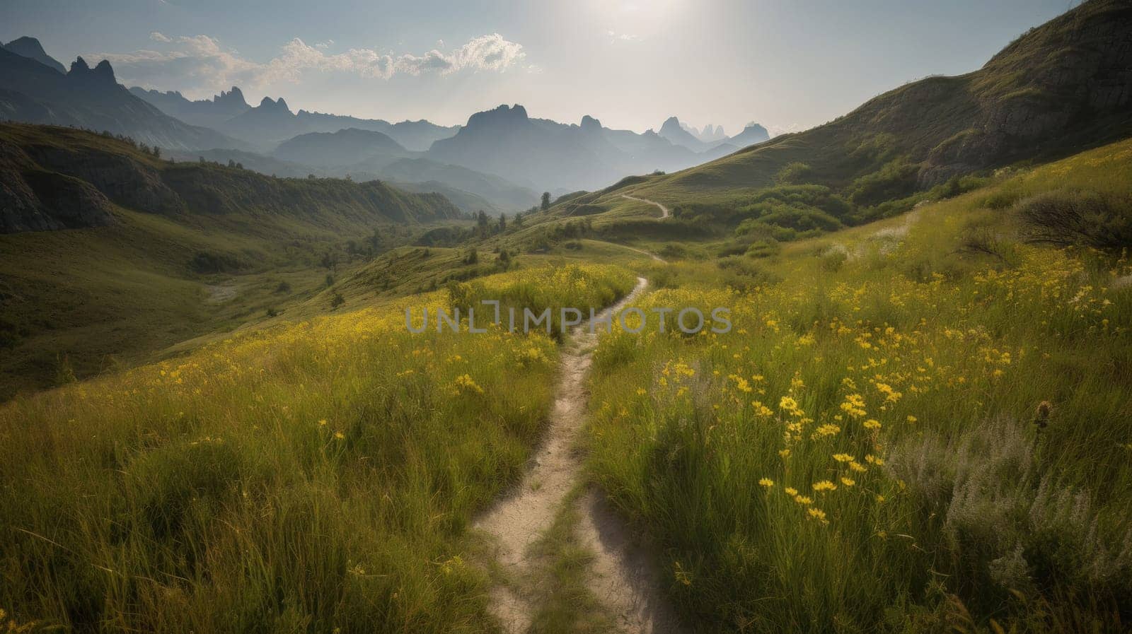 trail leading onto mountains with flowering meadows. Generative AI.