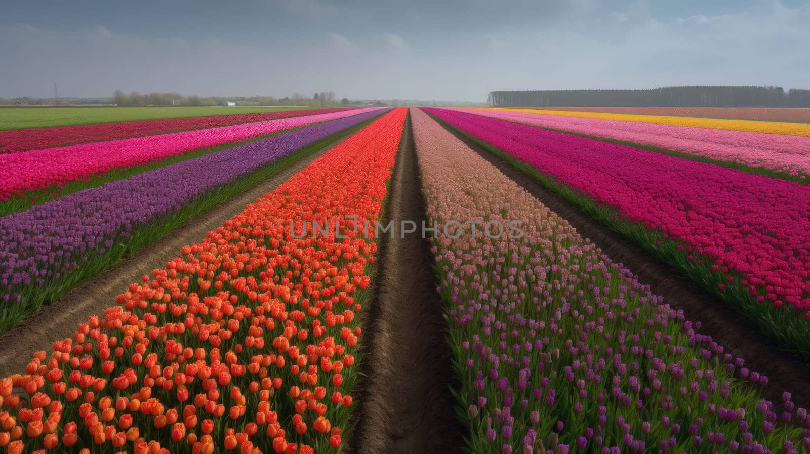 Colorful open field with beautiful tulips. Generative AI.