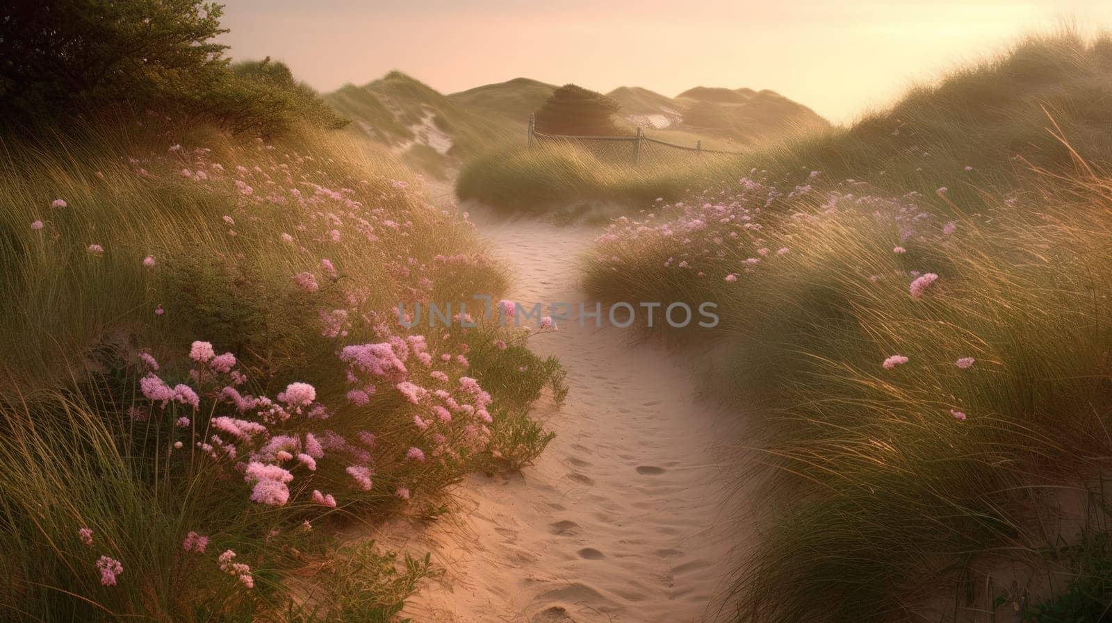 Shoreline covered in pink flowers by the sea. Generaitve AI by nateemee