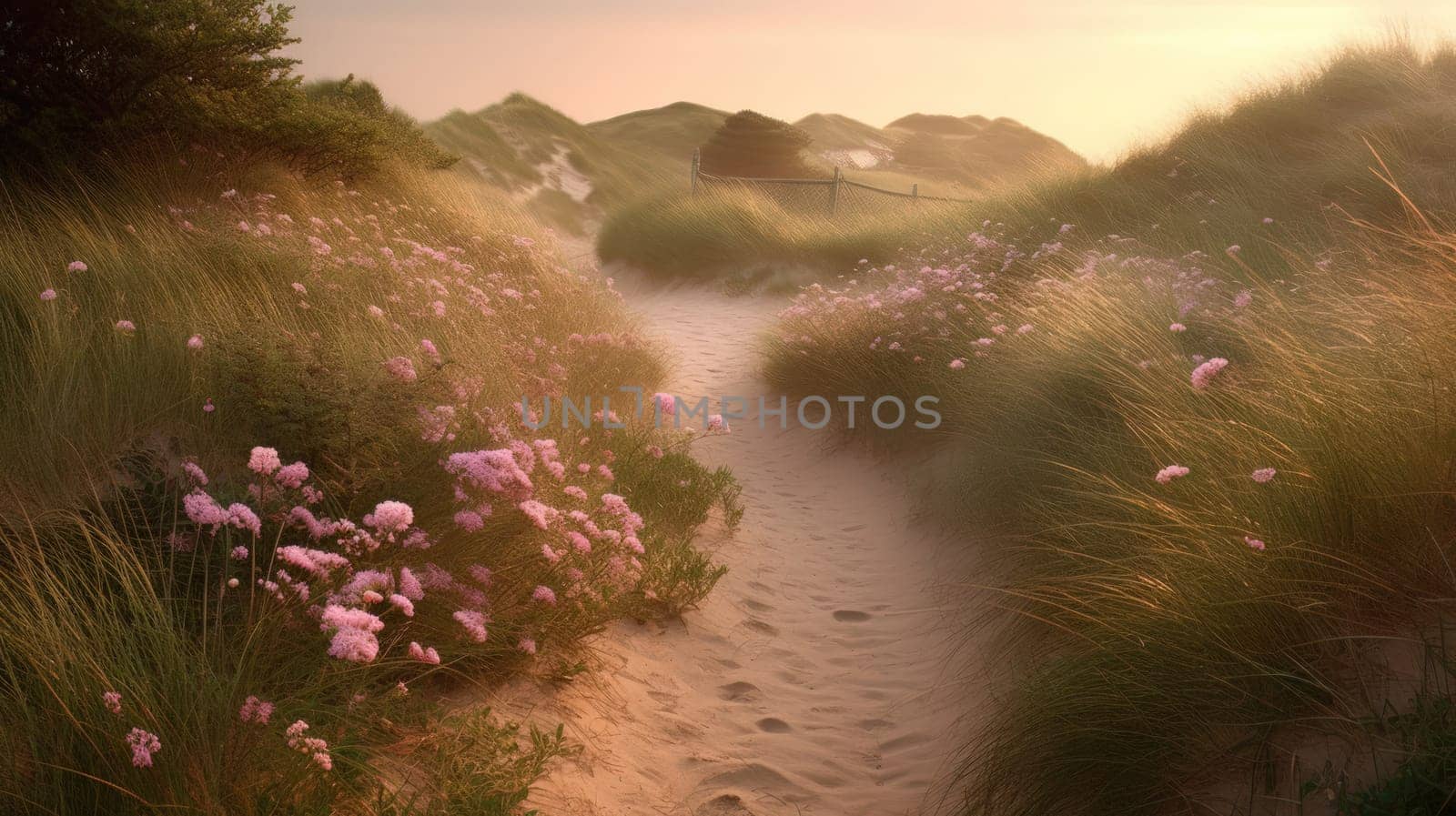 Shoreline covered in pink flowers by the sea. Generaitve AI.