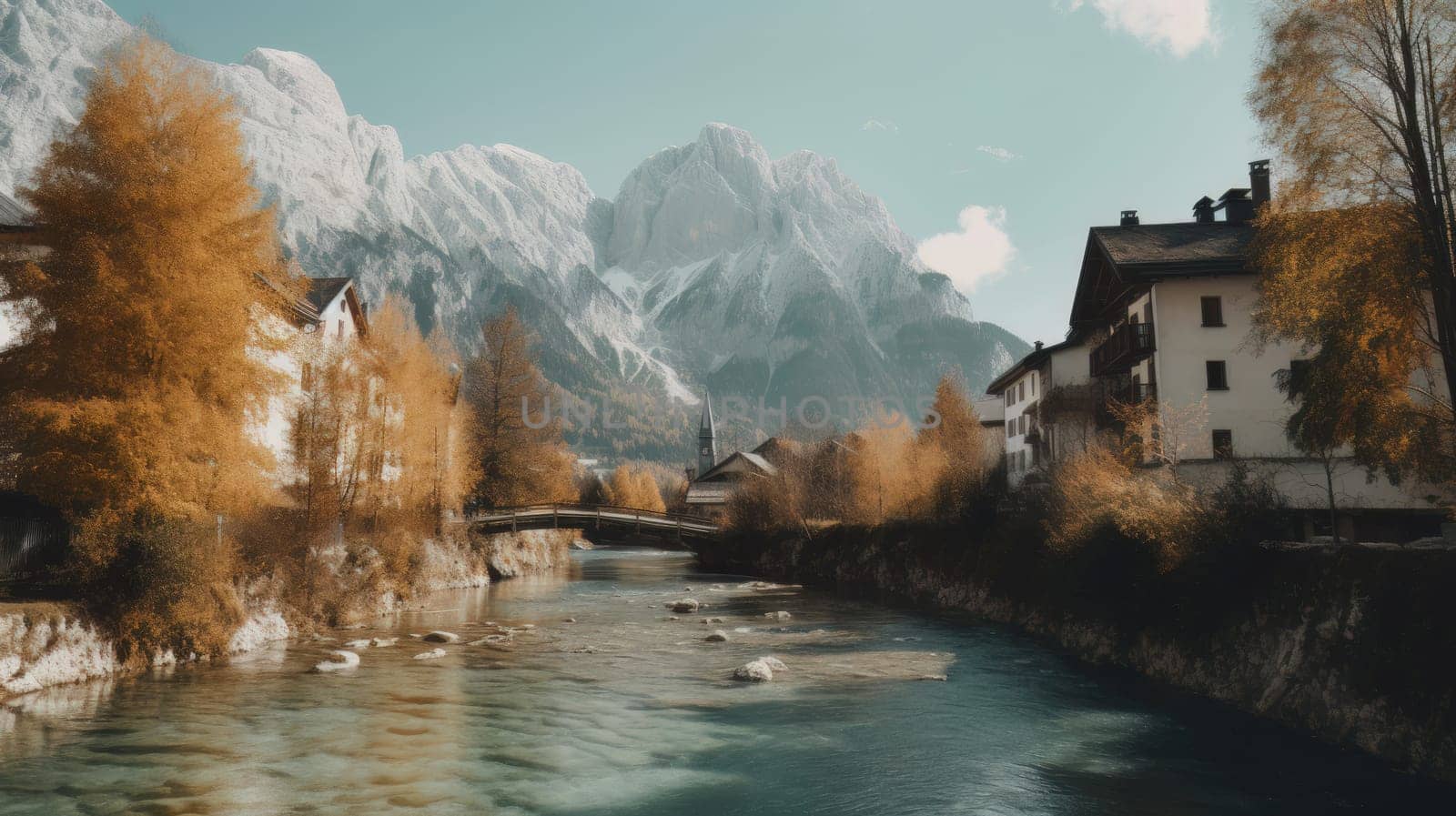 Beautiful old town surrounded by mountains view. Generative AI.