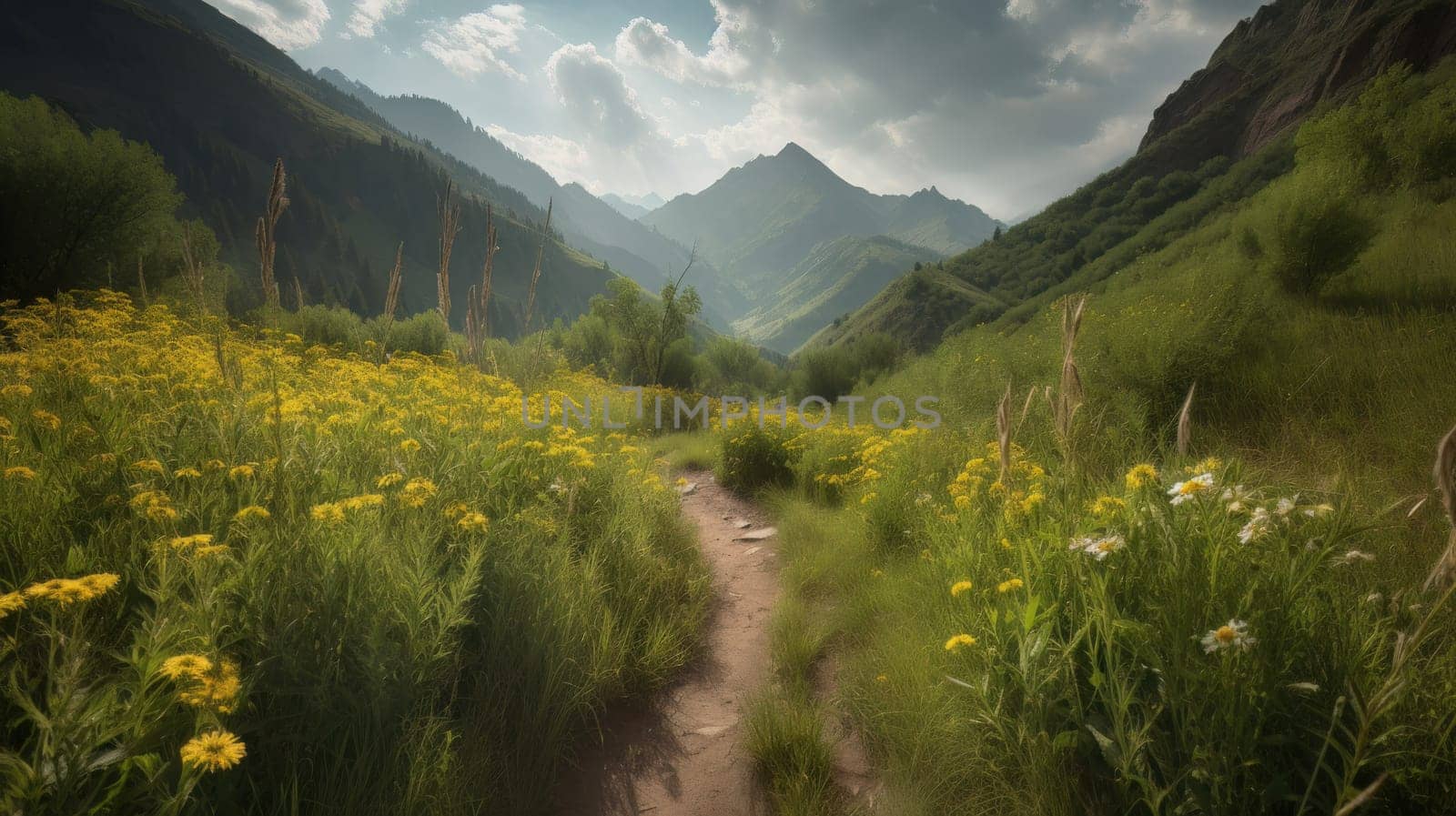 trail leading onto mountains with flowering meadows. Generative AI.