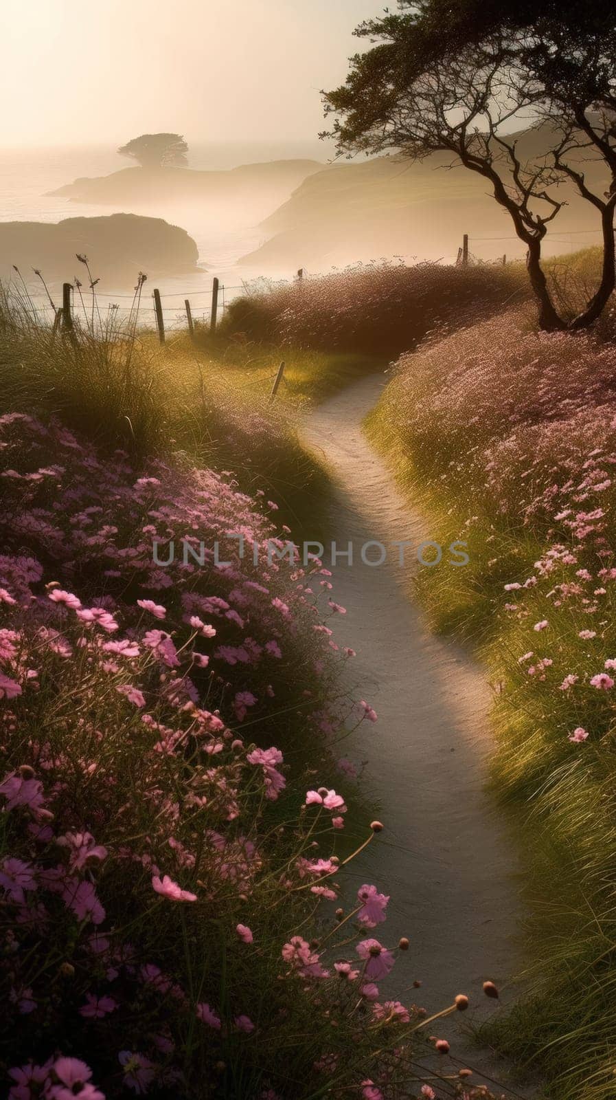 Shoreline covered in pink flowers by the sea. Generaitve AI.