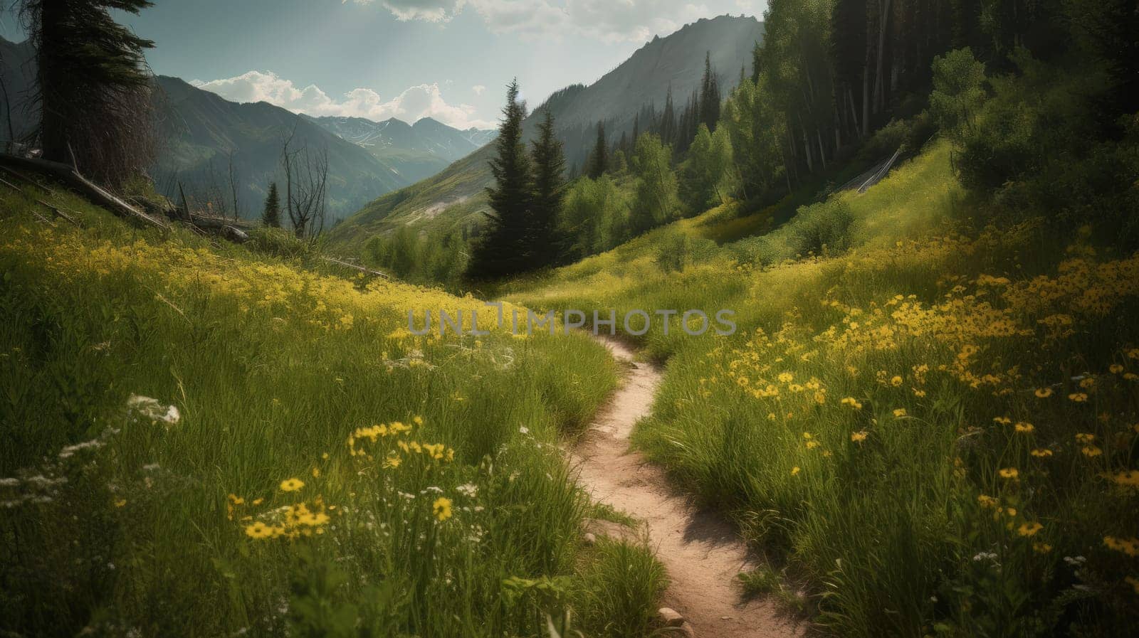 trail leading onto mountains with flowering meadows. Generative AI.