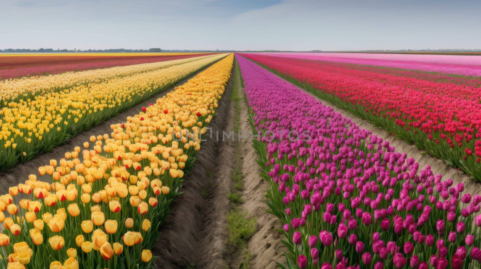 Colorful open field with beautiful tulips. Generative AI by nateemee