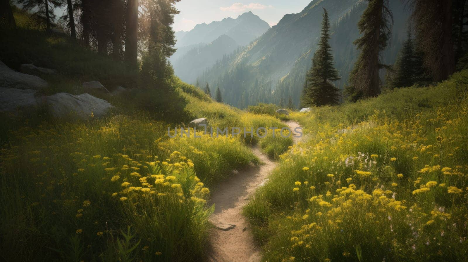 trail leading onto mountains with flowering meadows. Generative AI by nateemee