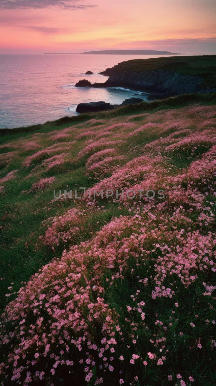 Shoreline covered in pink flowers by the sea. Generaitve AI by nateemee