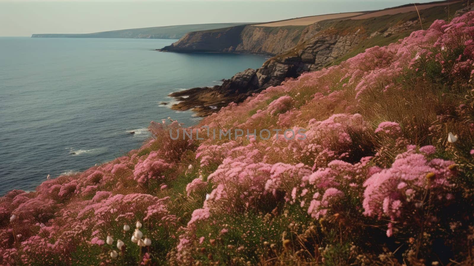 Shoreline covered in pink flowers by the sea. Generaitve AI. by nateemee